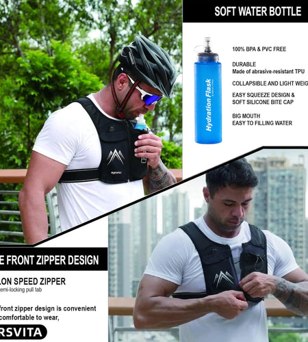 Running Vest, Zip Reflective Running Vests with 500Ml Hydration Bottle, Adjustable Waistband & Breathable Material, Chest Pack Gear Phone Holder for Running, Men & Women