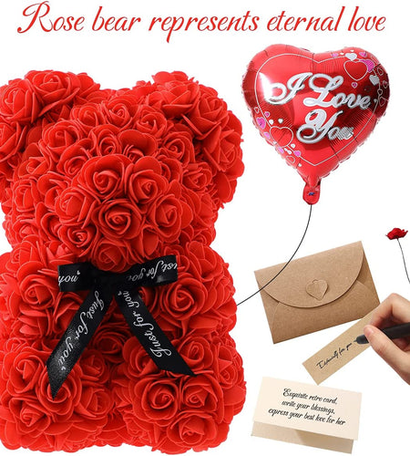 Gifts for Women - Rose Flower Bear - Rose Bear ,Pure Handmade Rose Teddy Bear ,Gift for Mothers Day,Valentines Day, Anniversary and Bridal Showers,W/Clear Gift Box and Greeting Card (Red)