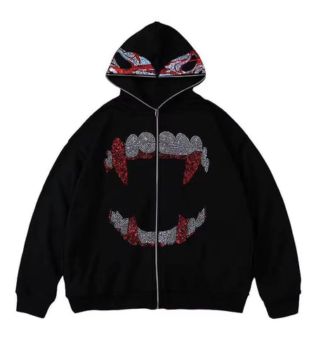 Autumn Fashion Punk Y2K Gothic Grunge Rhinestones Teeth Zip up Hoodies Long Sleeve Coat Sweatshirt Jacket Streetwear
