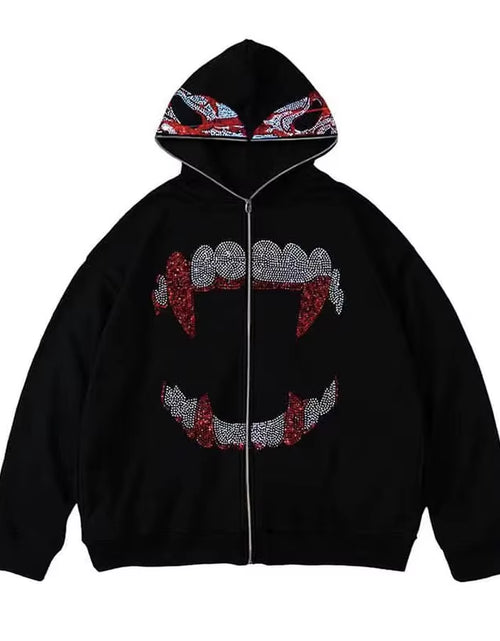 Load image into Gallery viewer, Autumn Fashion Punk Y2K Gothic Grunge Rhinestones Teeth Zip up Hoodies Long Sleeve Coat Sweatshirt Jacket Streetwear
