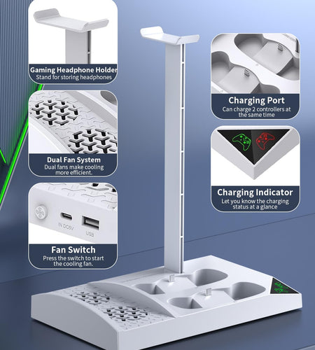 Charger Stand with Cooling Fan for Xbox Series S Console and Controller,Vertical Dual Charging Dock Accessories with 2 X 1400Mah Rechargeable Battery and Cover, Earphone Bracket for XSS