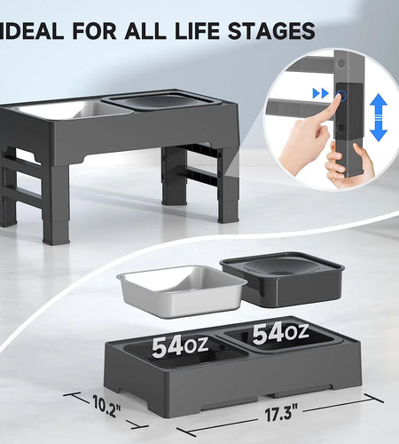 2-In-1 Elevated Dog Bowls 4 Height Adjustable Raised Dog Bowls No Spill Dog Water Bowl & Stainless Steel Dog Food Bowl Stand