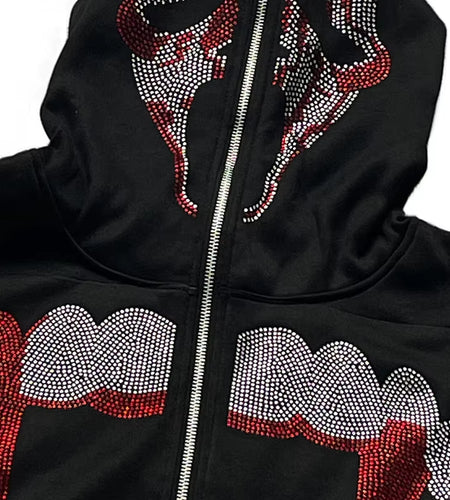 Autumn Fashion Punk Y2K Gothic Grunge Rhinestones Teeth Zip up Hoodies Long Sleeve Coat Sweatshirt Jacket Streetwear