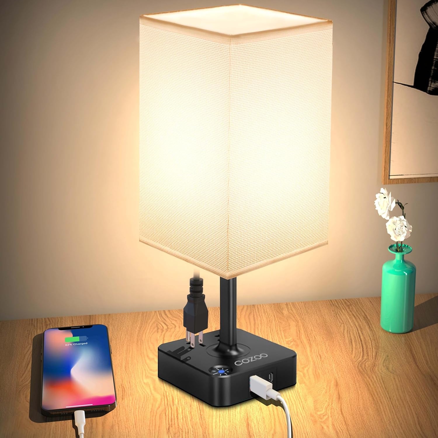 USB Bedside Table & Desk Lamp with 3 USB Charging Ports and 2 Outlets Power Strip,Black Charger Base with White Fabric Shade, LED Light for Bedroom/Nightstand/Living Room