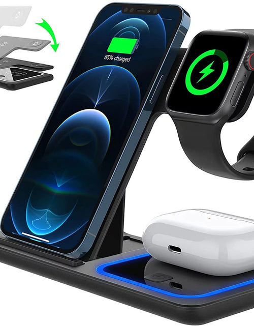 Load image into Gallery viewer, 2024 Upgraded Wireless Charging Station, 18W 3 in 1 Charger Station, Fast Charging Dock Stand for Iwatch Series 10/9/8/7/6/SE/5/4/3/2, Compatible with Iphone 16 15 14 13 12 11 Pro/Xs/Samsung &amp; Airpod
