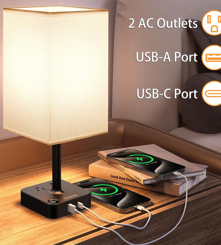 USB Bedside Table & Desk Lamp with 3 USB Charging Ports and 2 Outlets Power Strip,Black Charger Base with White Fabric Shade, LED Light for Bedroom/Nightstand/Living Room
