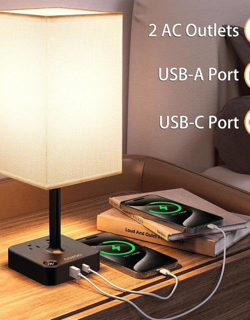 Load image into Gallery viewer, USB Bedside Table &amp; Desk Lamp with 3 USB Charging Ports and 2 Outlets Power Strip,Black Charger Base with White Fabric Shade, LED Light for Bedroom/Nightstand/Living Room
