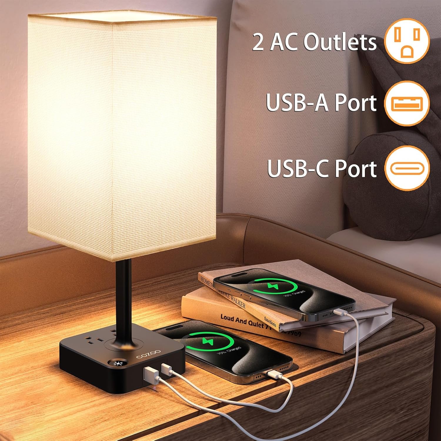 USB Bedside Table & Desk Lamp with 3 USB Charging Ports and 2 Outlets Power Strip,Black Charger Base with White Fabric Shade, LED Light for Bedroom/Nightstand/Living Room