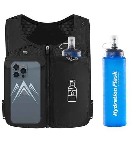 Running Vest, Zip Reflective Running Vests with 500Ml Hydration Bottle, Adjustable Waistband & Breathable Material, Chest Pack Gear Phone Holder for Running, Men & Women