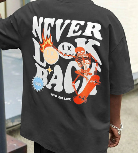 Never Look Back Creative Smile Skull Printing Cartoons Street Print Tshirt Man Loose Tee Clothes Cotton Crewneck Tops T-Shirt